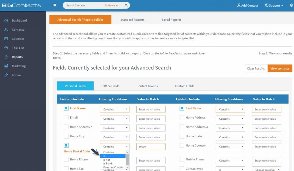 BIGContacts - Advanced Search Report Builder