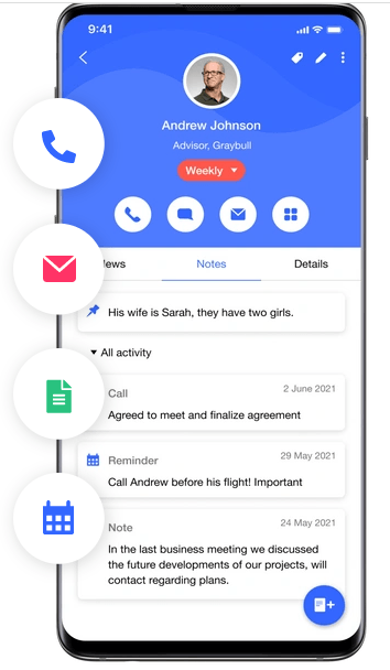 mobile version of Covve Contact Management showing upcoming calls with it's subject and reminder