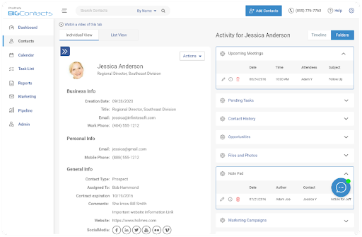 bigcontacts crm contact dashboard