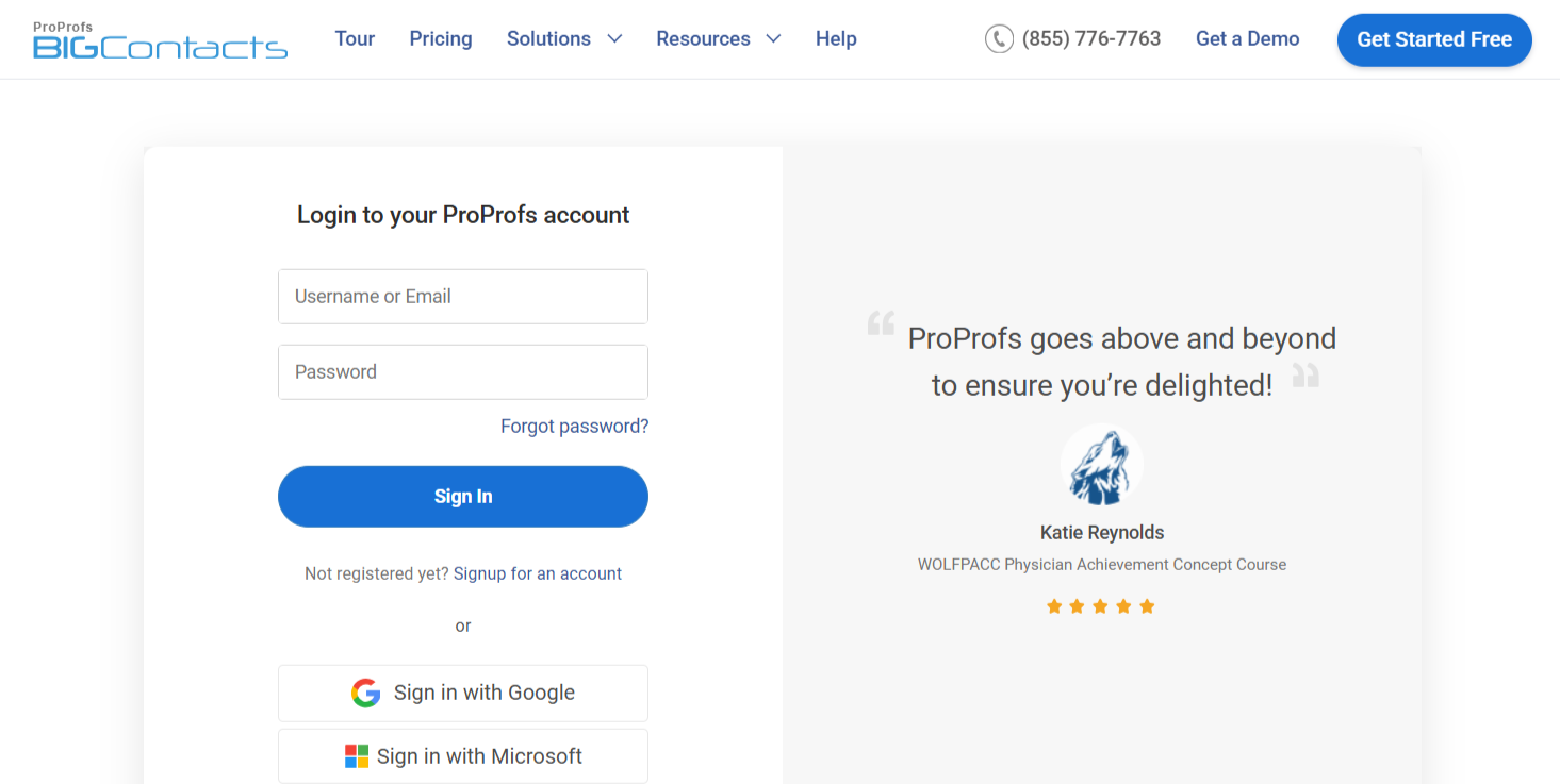 BIGContacts CRM log in page