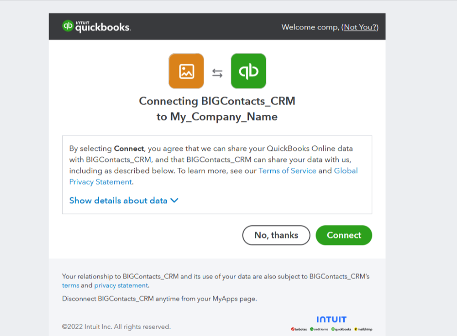 QuickBooks company account connect with CRM