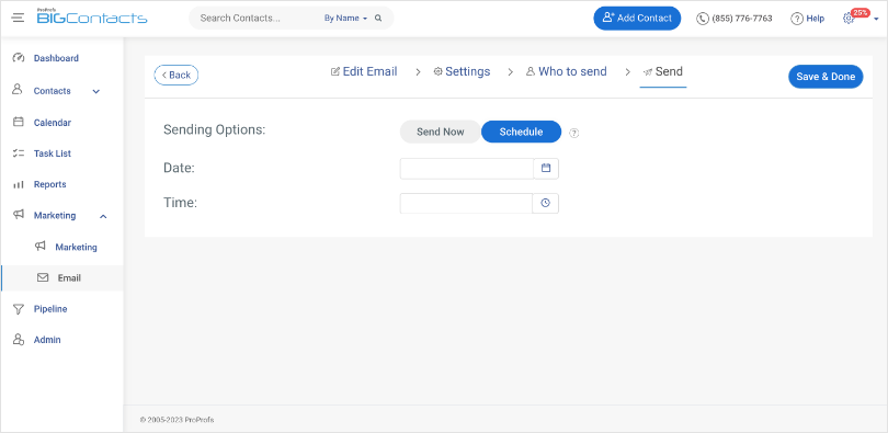 Scheduling email in bigcontacts