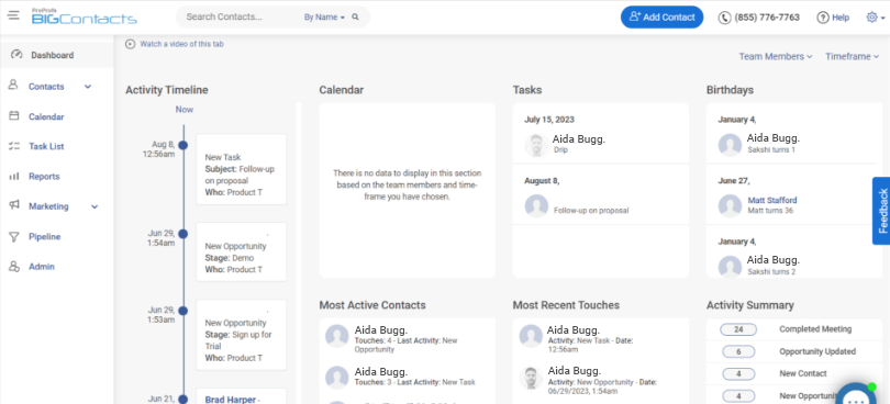 BIGContacts contact management software, showing a list of contacts