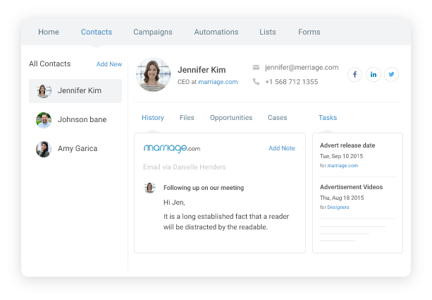 Contact dashboard of BIGContacts that is reflecting the contact's profile