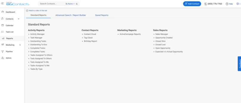 CRM reporting and analytics dashboard in BIGContacts