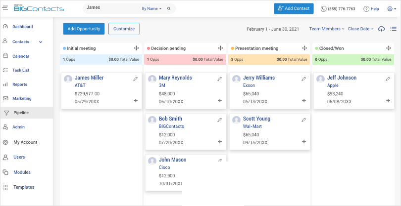 Track your sales or leads pipeline through BIGContacts CRM