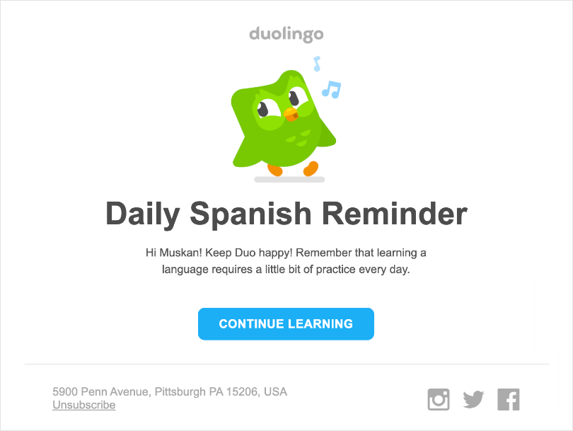 Duolingo drip email example for engagement