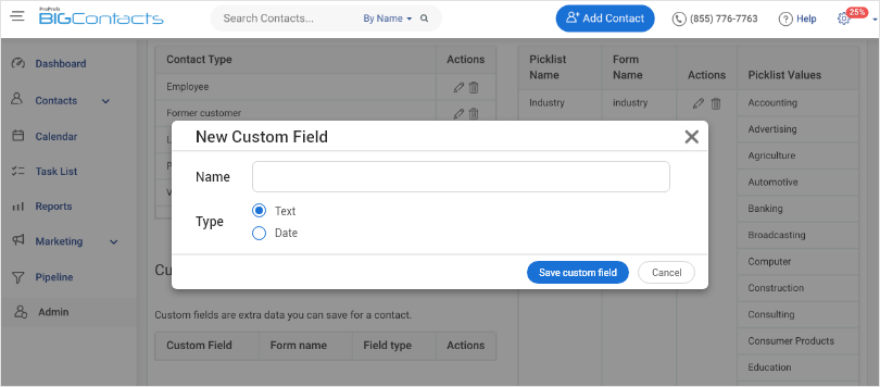 Adding a custom data field in BIGContacts CRM