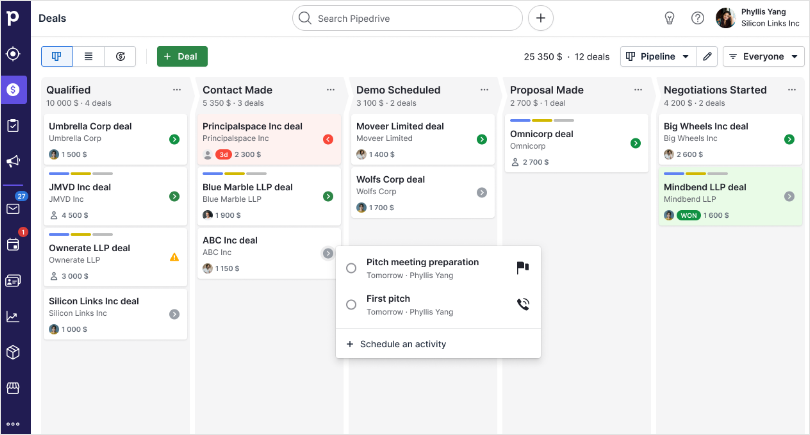 Pipedrive CRM showing the sales pipeline