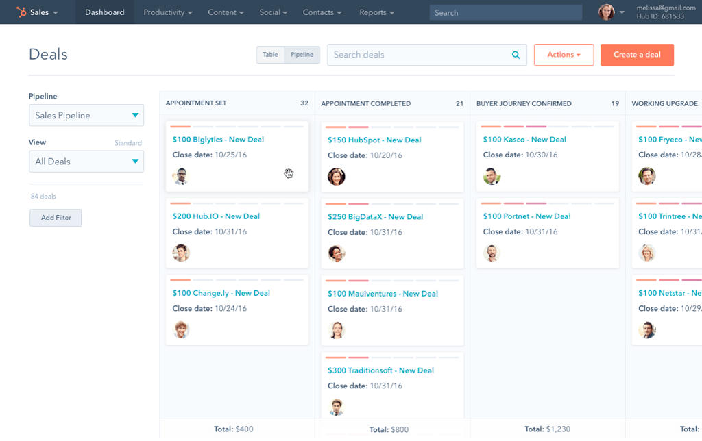 HubSpot CRM dashboard with lead capture forms, email marketing automation workflows, and sales pipeline stages.