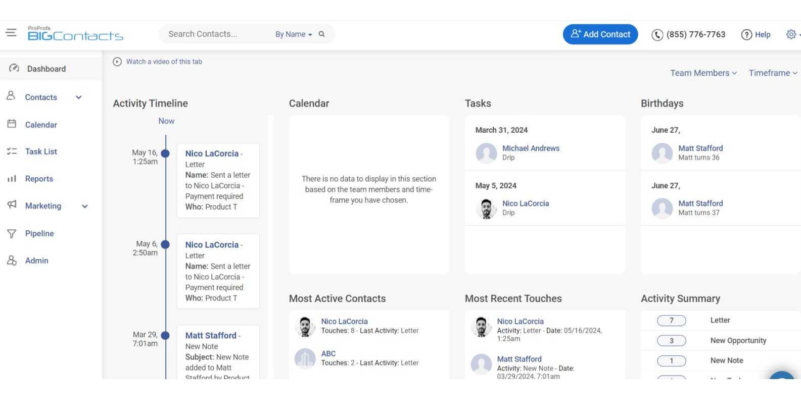 BIGContacts dashboard